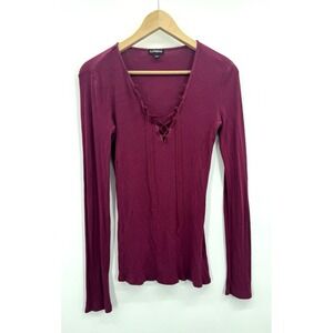 Y2K Whimsigoth Express Womens Medium Top Deep V-Neck Lace Up Ribbed Retro 90s